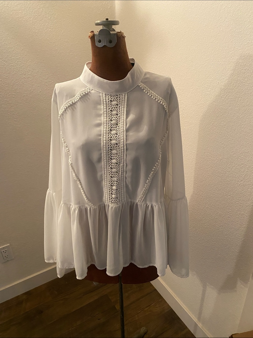 Cream Lace-Trim Peplum Blouse lined underneath